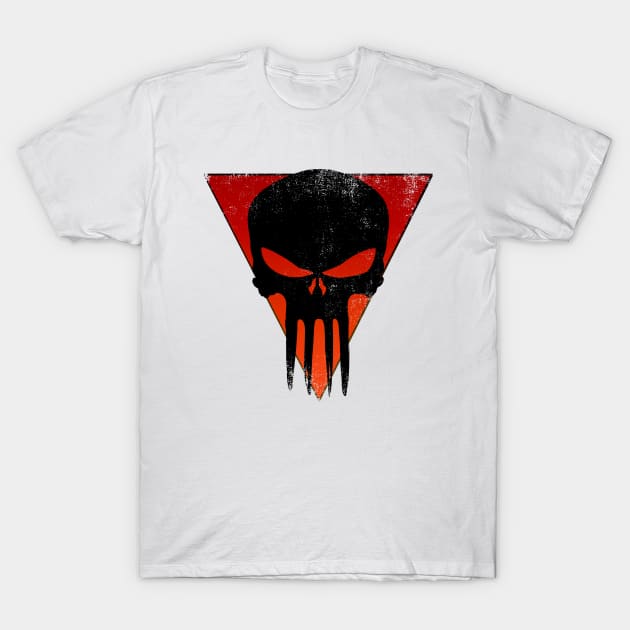 Distressed Black USA Military Skull Patriotic Street Wear Red Triangle T-Shirt by DazzlingApparel